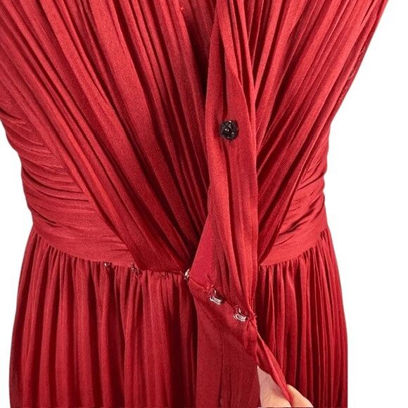 Halston Heritage V-Neck Maxi Dress Gown Ruched Red Pleats Sleeveless Size 0 - Picture 7 of 15